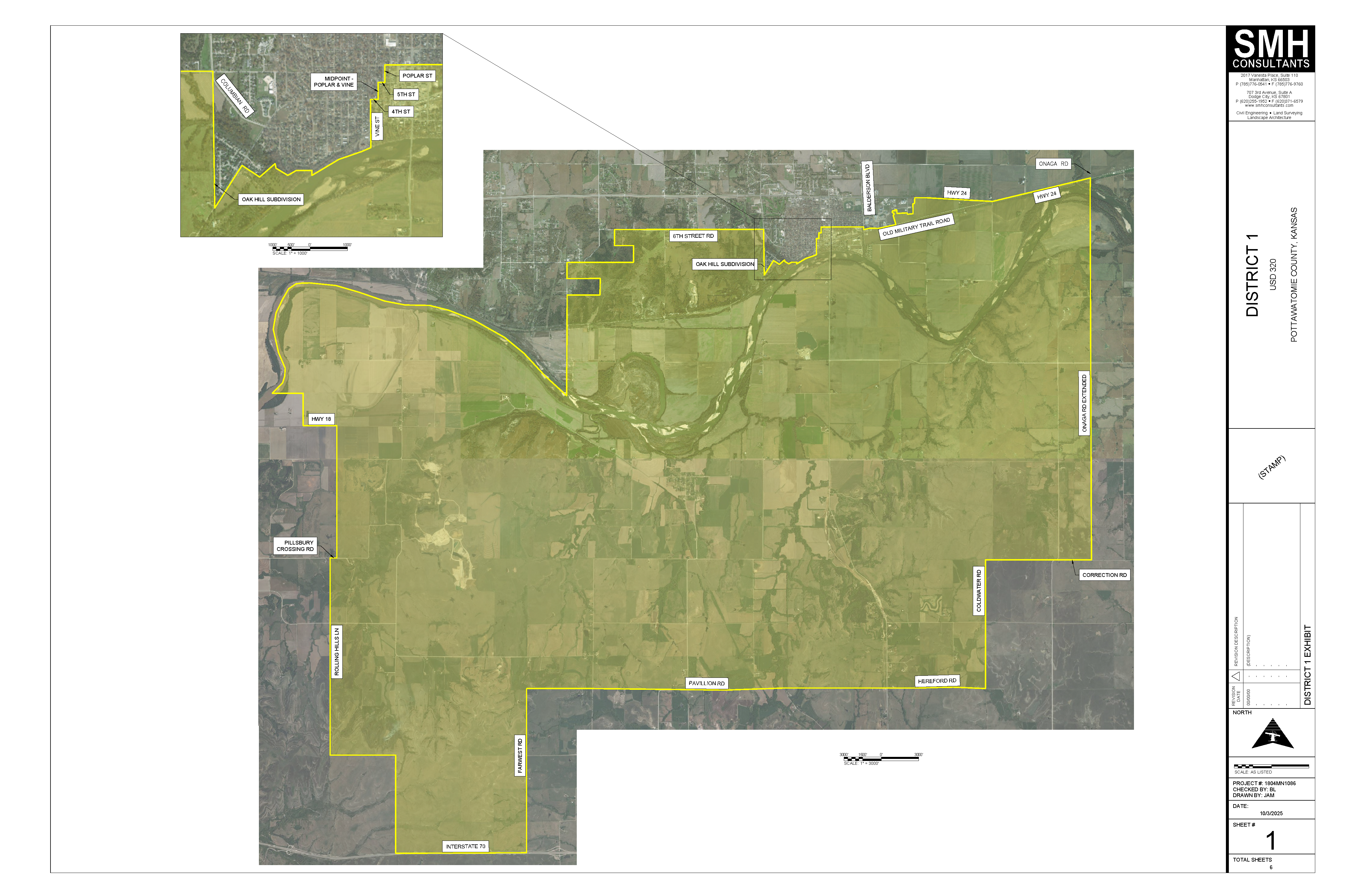 Aerial map of District 1 in Pottawatomie County, Kansas, created by SMH Consultants. The district is shaded in light yellow with boundaries outlined in bright yellow. Key roads labeled include HWY 13, Pillsbury Crossing Rd, Pawnee Rd, Pavillion Rd, Hereford Rd, Onaga Rd, HWY 24, and Old Military Trail Road. The map includes an inset of Oak Hill Subdivision and parts of Wamego, showing finer details like Poplar St, 8th St, and Vine St. Title block on the right indicates the project is part of USD 320.